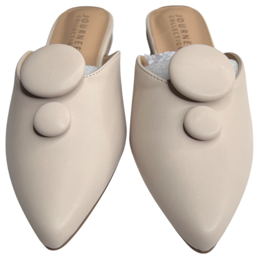 Journee Collection Cream Pointed Slip-On Flats with Decorative Buttons